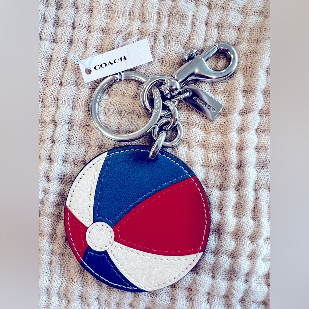 COACH Bag Charm, Key Chain Leather-BEACHBALL-NEW WITH TAG-Red, White, Blue